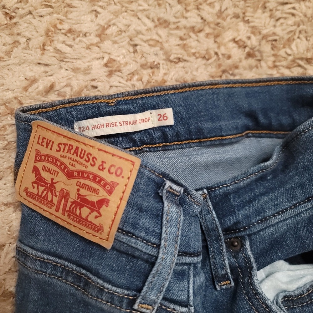 Levi's 724 High Rise Straight Crop Jeans Womens 26 Blue Raw Hem Denim‎